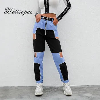 

Helisopus Hollow Out High Waist Women Pants New Harajuku Hip Hop Cargo Pants Female Patchwork Casual Trousers Joggers Streetwear