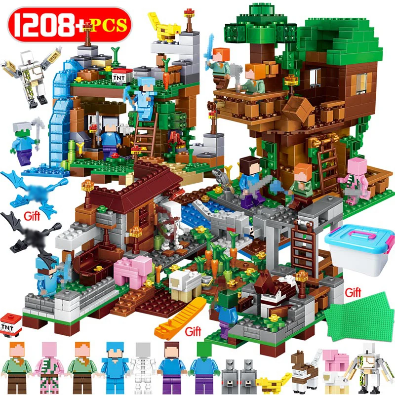 1208PCS My World Building Blocks LegoING Minecrafted Village Warhorse City Tree House Waterfall Educational Toys For Children