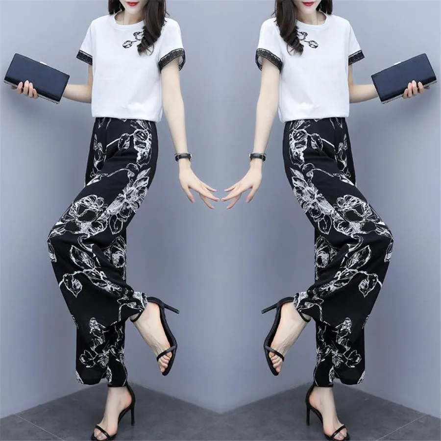 

Two Piece Short Sleeve Women's Set short Sleeve Tops Chiffon Floral Wid Leg Pants Set Crop Top Blouse Trousers