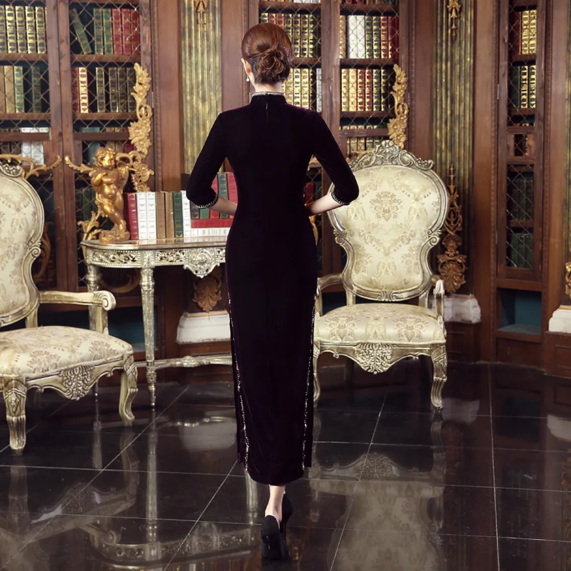 Мода мама китайское платье Ципао долго Cheongsam Дизайн бархатные свадебные вечерние платья для Для женщин Oriental Воротники современный Платья для женщин - Цвет: Purple