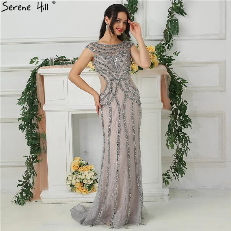 

Grey Dubai Design Cutaway Sides Evening Dresses Diamond Pearls Luxury Sexy Evening Gowns 2019 Serene Hill LA6676