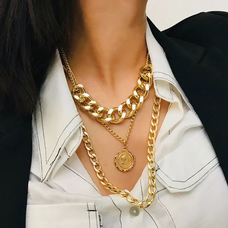 

Punk exaggerated metal chain item simple texture Queen relief pendant necklace Long section multi-layer Sweater necklace jewelry