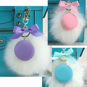 

Round Key Chain France Macarons Keychains Rabbit Real Fur Ball Key Chain with Charm Candy Cake for Christmas