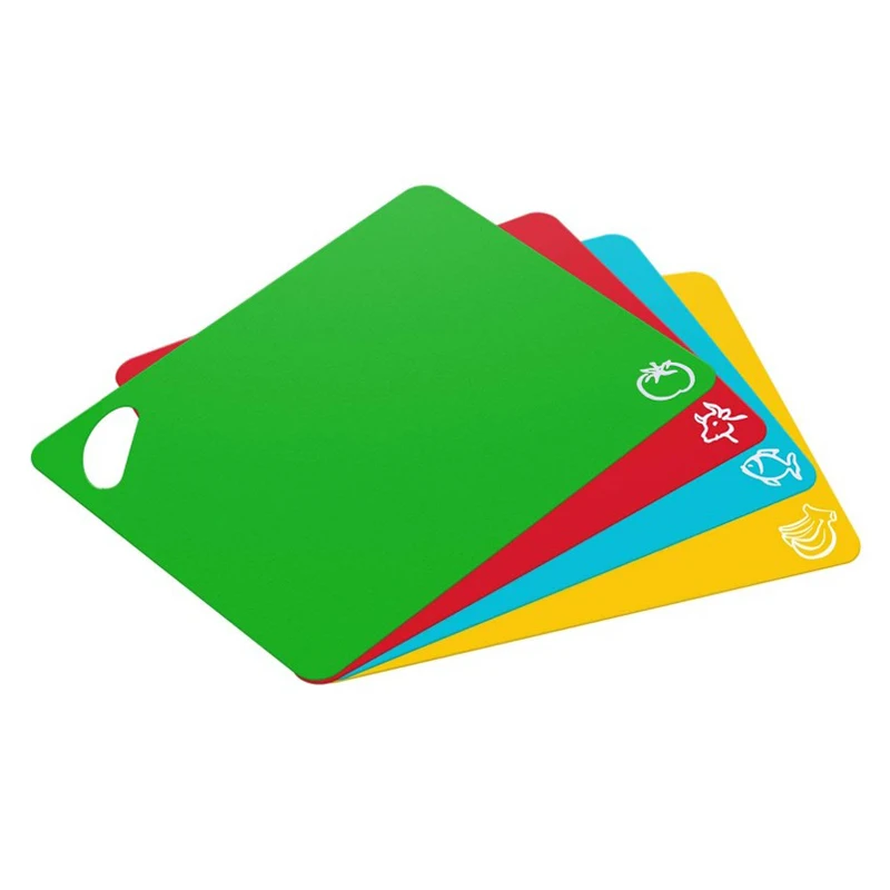 Flexible Plastic Chopping Board Set- Mats with Food Icons& Easy-Grip Handles, BPA-Free, Non-Porous, Dishwasher Safe- Set of