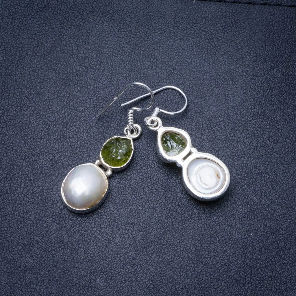 

Natural Biwa Pearl&Moldavite Handmade Unique 925 Sterling Silver Earrings 1.5" Y0650