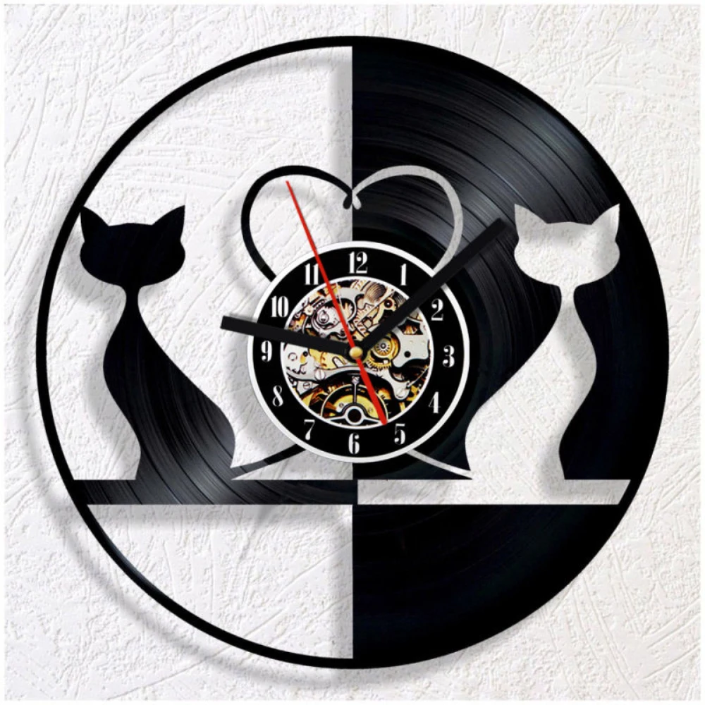1Piece Lovely Cats Classic Vinyl Record Design Hanging Wall Clock