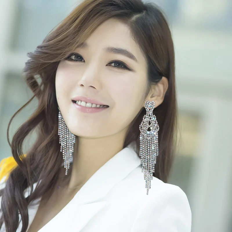 CHRAN Silver Full Rhinestone Earrings for Women Elegant Long Tassel Crystal Eardrop Festival Wedding Jewelry