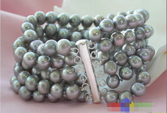 

6ROW 8MM GRAY ROUND FRESHWATER CULTURED PEARL BRACELET p2279 Noble style Natural Fine jewe Fast (D) SHIPPING