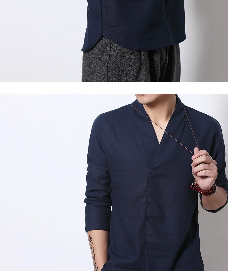 Для мужчин s Весна с длинным рукавом рубашки с v-образным вырезом Для мужчин брендовая мягкая натуральный хлопок Slim Fit китайский Стиль льняные футболка пуловер футболки M-5XL
