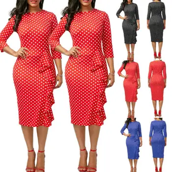 

2019 Summer Spring Women Vintage Dress Long Sleeved Dot Ruffle Party Dresses