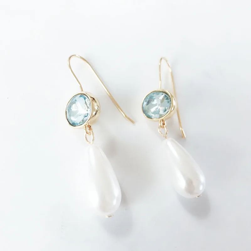 

Free Shipping Copper Fishhook Teardrop Pearl Light Blue Stone Gold Elegant Earring