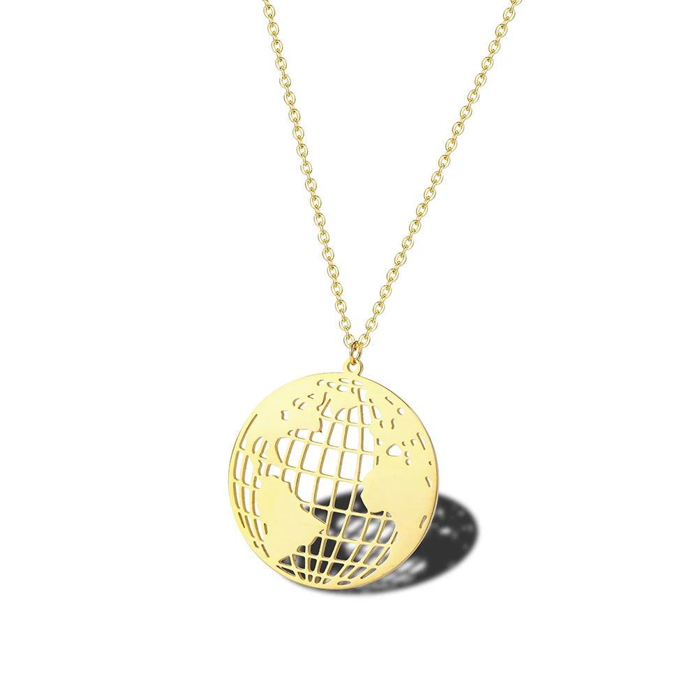 

Stainless Steel Round Global Map Pendant Necklace Gold Latitude and Longitude Net Travel Map Necklaces For Women Men