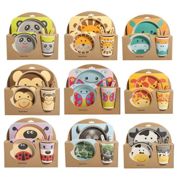 

ideacherry Baby 5 Pcs/Set Bowl Set Child Creative Anti-fall Bamboo Fiber Tableware for Feeding Partition Dishes Dinnerware Gifts