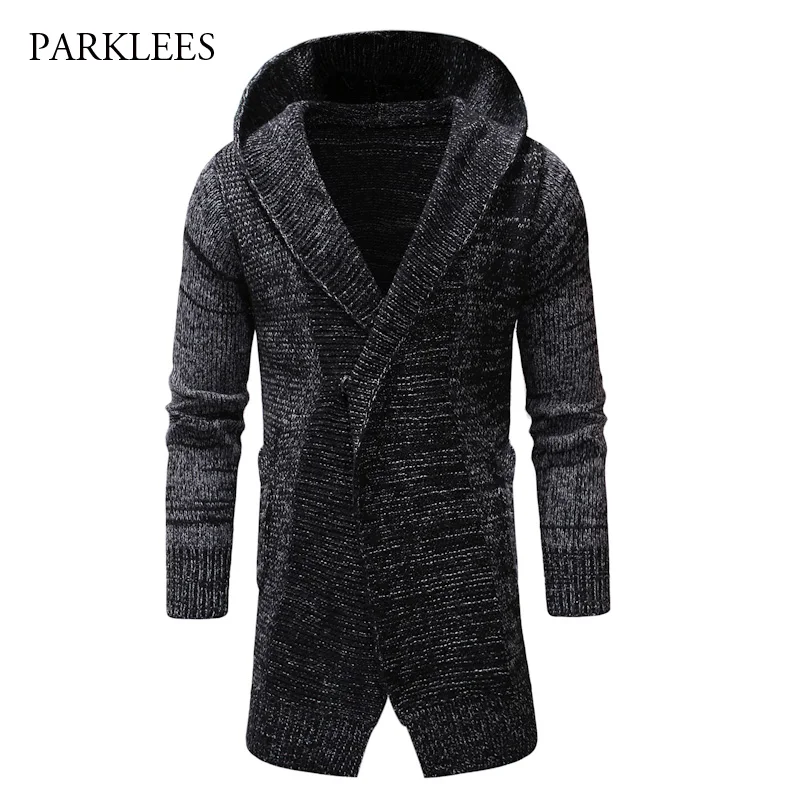 

Hooded Extended Men's Sweatercoat 2018 Fashion Slim Fit Turn-down Collar Knitwear Men Solid Color Covered Button Sweater Jackets