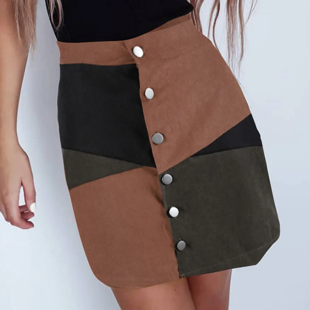 

Patchwork Color Button A-Line Skirt Patchwork Color Block Short High Waist Mini Skirt #15