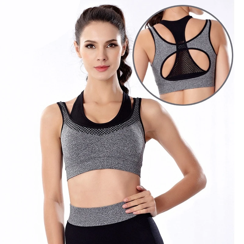 

Quick Dry Sport Bra Fake Two-pieces Padded Push Up Wirefree Shockproof Running Fitness Yoga Sports Brassiere Top Women Underwear