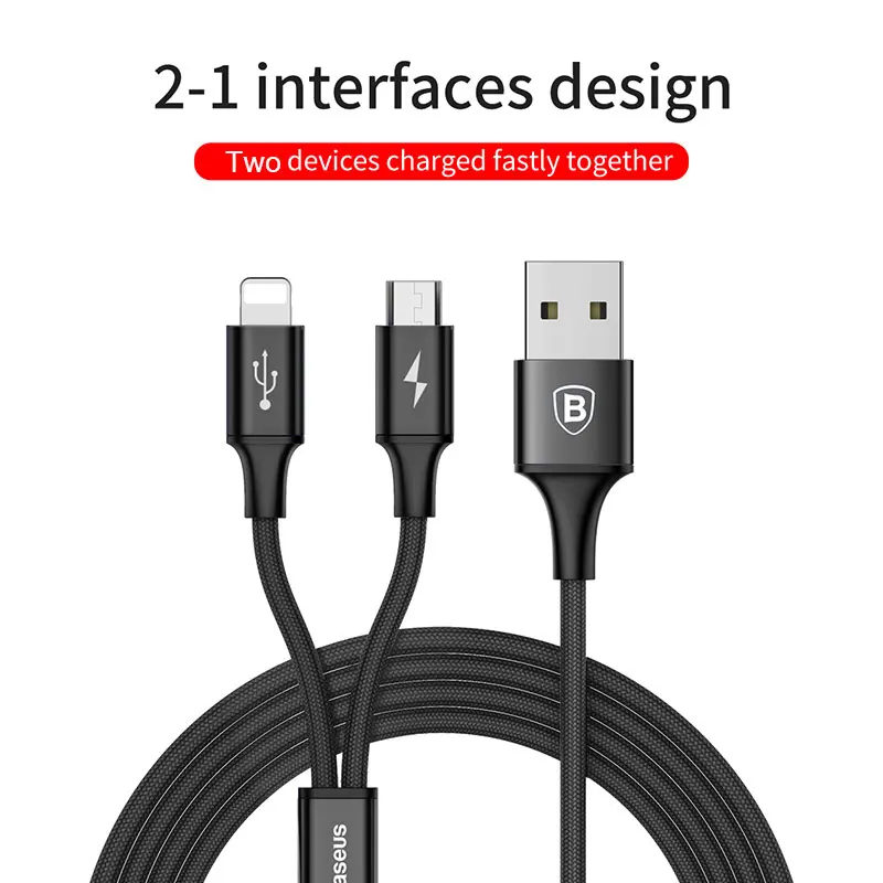 Baseus 3 en 1 Cable USB para iPhone XS Max XR 8X8 7 6 5 cargador de carga de Micro USB cable para teléfono móvil USB tipo c Cable de tipo c