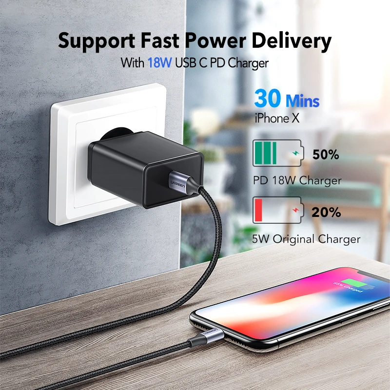 Ugreen MFi USB C إلى كابل البرق ل فون X XS ماكس XR 36 W PD سريع شاحن نوع C البيانات كابل لجهاز ماكبوك باد بود سلك USB Ugreen MFi USB C إلى كابل البرق ل فون X XS ماكس XR 36 W PD سريع شاحن نوع C البيانات كابل لجهاز ماكبوك باد بود سلك USB