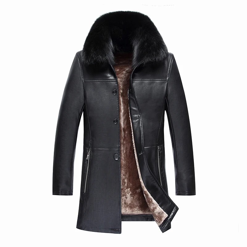 

2019 New Men Leather Coat Faux Sheepskin Coat Winter Leather Jacket Overcoat Real Fox Fur Leather Jacket For Men Motercycle Coat