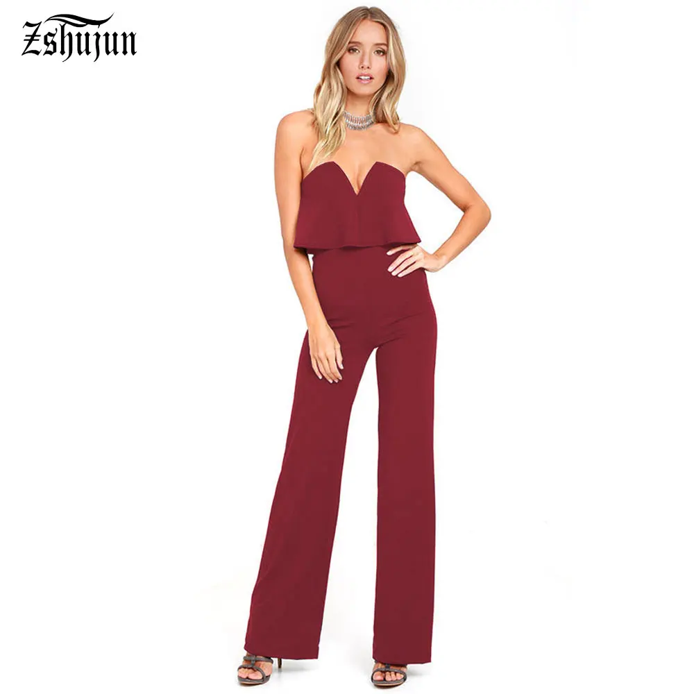 Hot women Spot Sexy Jumpsuits Solid color V collar Strapless Lotus leaf