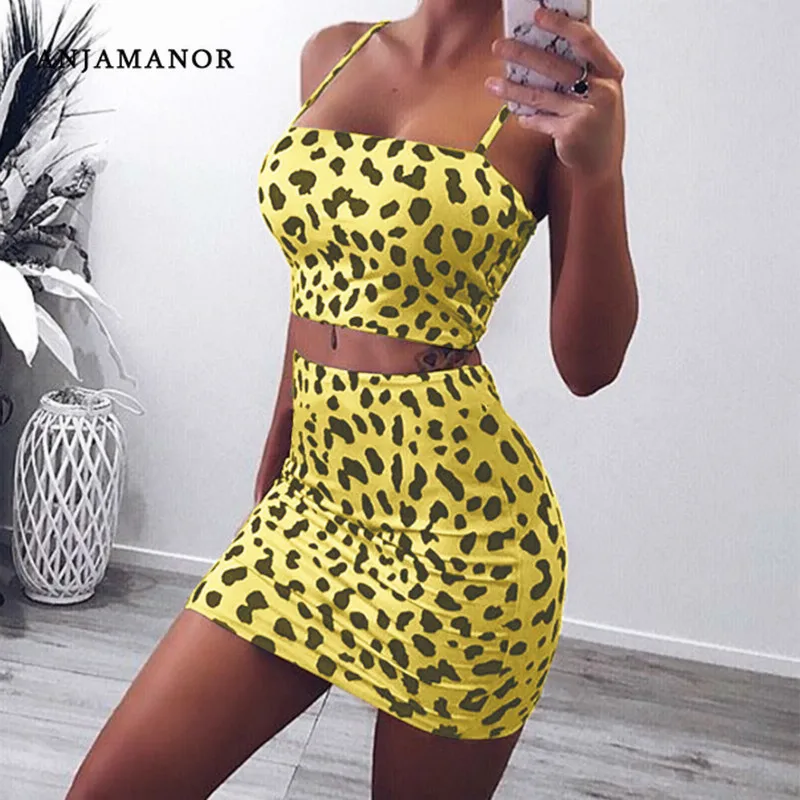 ANJAMANOR Leopard Snake Skin Print Sexy Two Piece Skirt Set Women Clothes 2019 Summer Short Matching Sets Club Outfits D32-AZ53 | Женская
