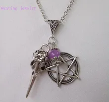 Vintage Antique argent oiseau corbeau crâne pentagramme pendentif à breloque chaîne collier cadeau de noël Wicca Pagan Goth bijoux(China)