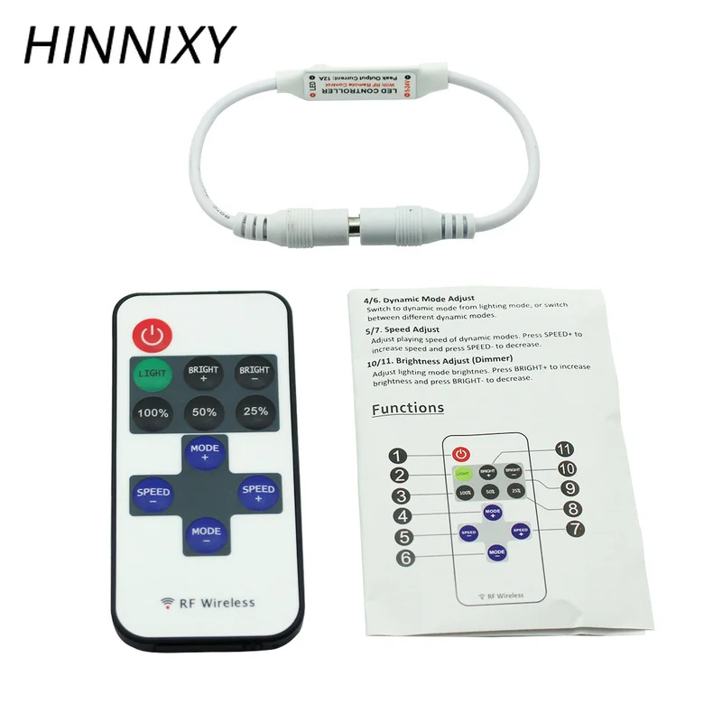 

Hinnixy RF Wireless 11 keys Remote Controller DC5-24V 12A DC Connector 5.5*2.1mm Dimmer For Mono Color LED Stirp With Battery