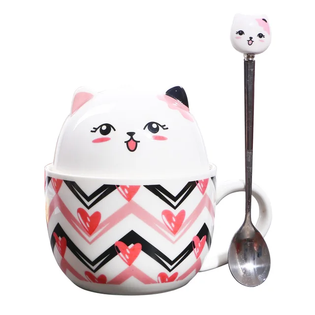 Kawaii Pink Cat Ceramic Mugs with Spoon 5