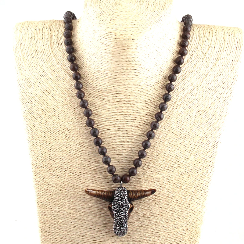 Women Necklace Fashion Long Knotted Stones Bohemian Tribal Jewelry Natural Stone Brown Skull Head Pendant Necklace