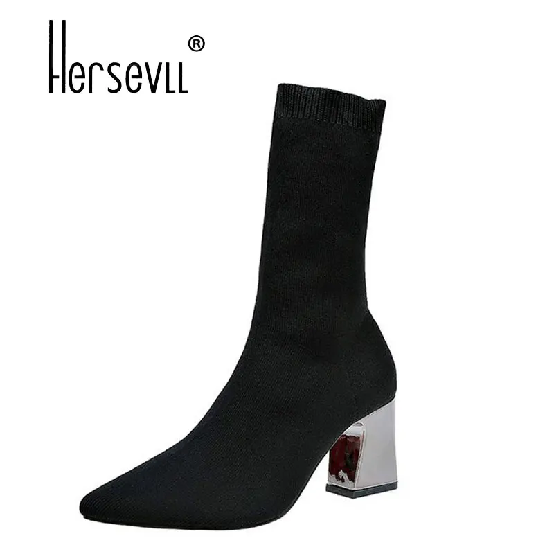 

Hot Selling New Pointed Toe Women's Martin Boots Super Stretch Boots Thick and High Heel Black Wool Cylinder Elastic Short Boots