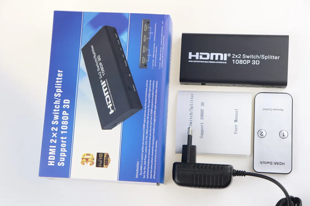 2X2 HDMI сплиттер коммутатор 2 в 2 Выход HDMI переключатель коробка с ИК-пультом и адаптером питания Поддержка 3D 1080P для HDTV PC PS3/PS4