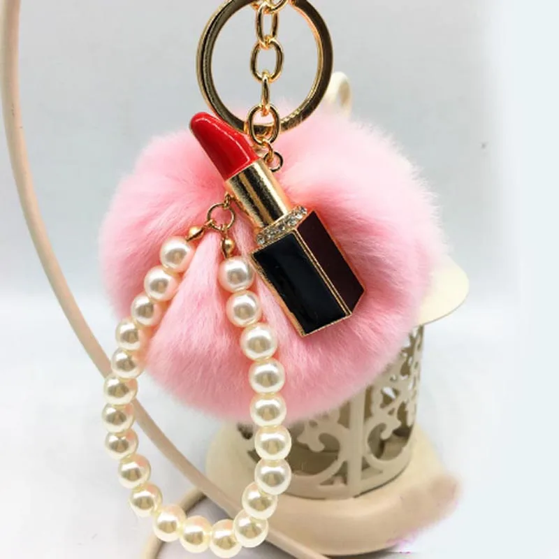 

Hot sale Sexy Lipstick Fur Ball Keychain - Rex Rabbit Fur Pom Pom Plush Key Chain Keyring men women keyring EH430