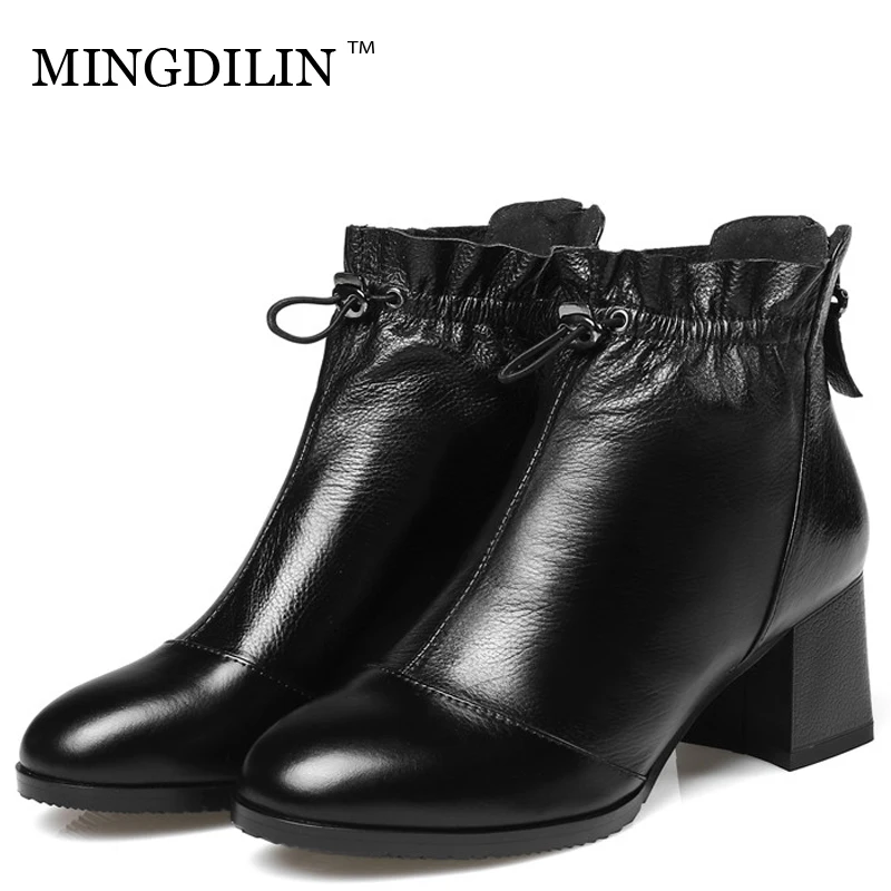 

MINGDILIN Autumn Winter Women's Genuine Leather Ankle Boots Woman High Heels Shoes Martin Boots Genuine Leather Chelsea Boots