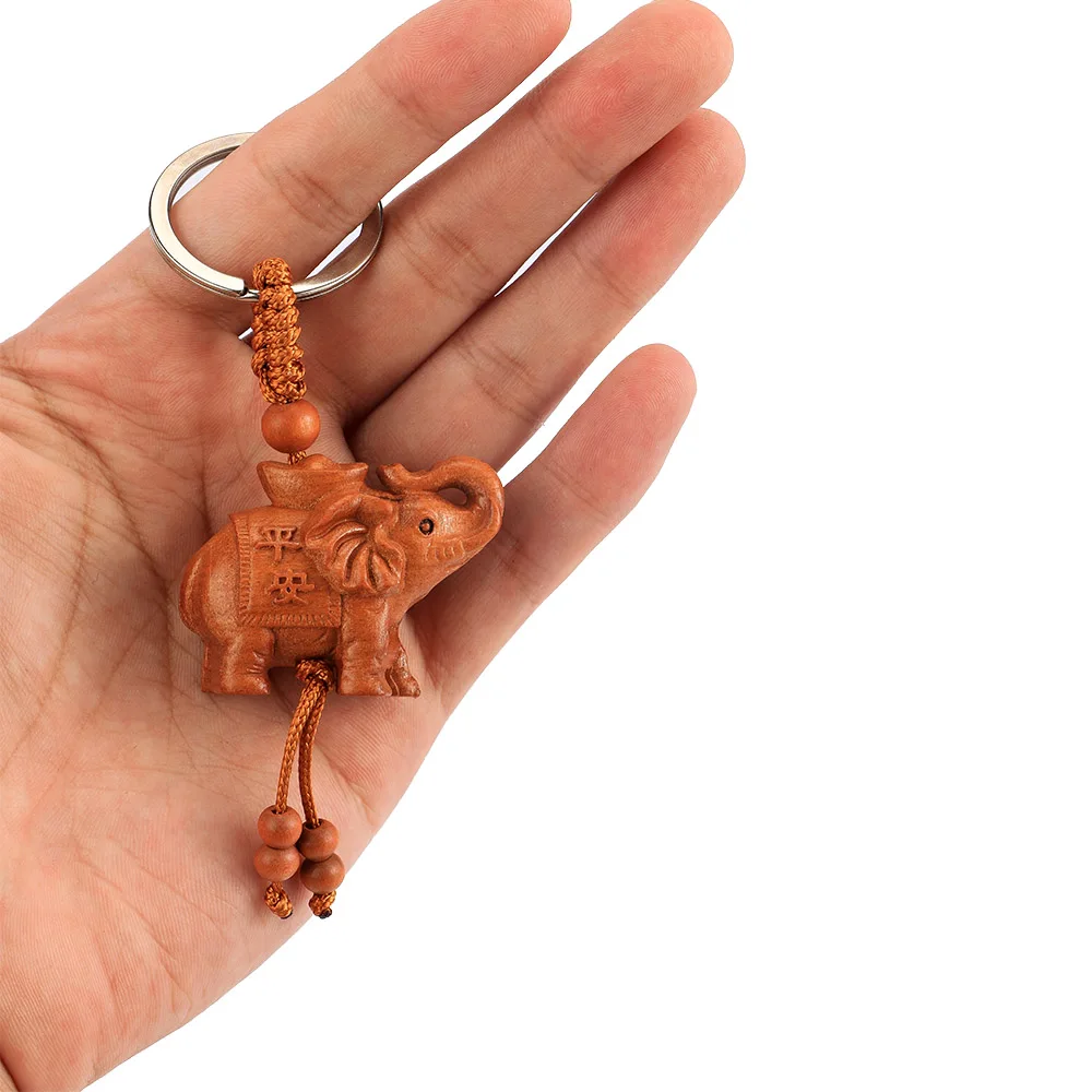 Vintage Peach Wood Yuanbao Elephant Pendant  Keychain Car Key Chain Hanging LD 