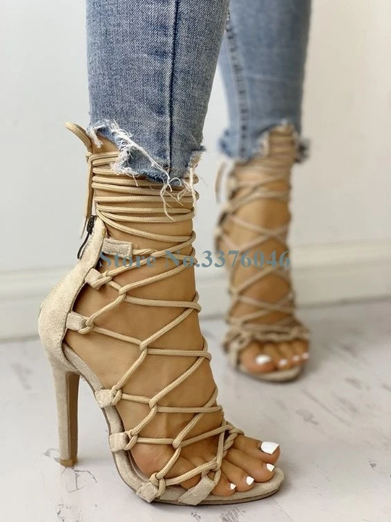 

Nude Pink Red Black Cross Tied Thin High Heel Sandals Gladiator Open Toe Cord Stiletto Heel Sandals Ankle Strap Summer Sandals