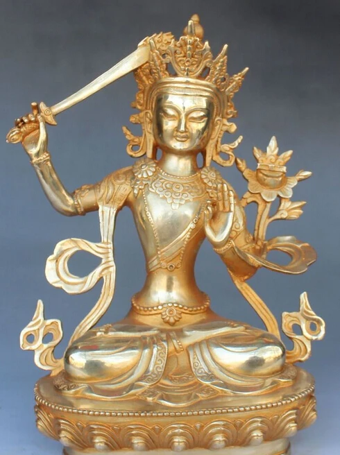 

13" Tibet Buddhism Bronze Gilt Wenshu Manjusri Goddess Hold Sword Buddha Statue R0709 (B0328)