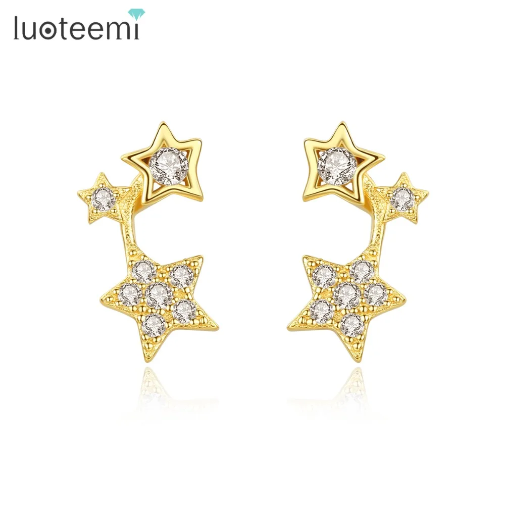 LUOTEEMI серьги-гвоздики со сверкающими звездами для женщин и девушек, вечерние серьги с фианитами из серебра 925 пробы, ювелирные аксессуары