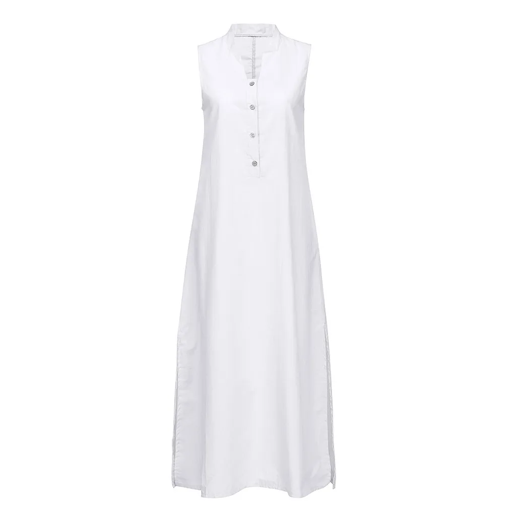 KLV женское летнее однотонное платье без рукавов на пуговицах, повседневное льняное длинное платье-туника, D4