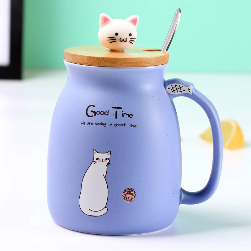 Креативная термостойкая чашка с изображением кунжута кота, цветная мультяшная чашка с крышкой 450 мл, керамическая кружка с изображением котенка, молока, кофе, детская чашка, офисные подарки - Цвет: 02