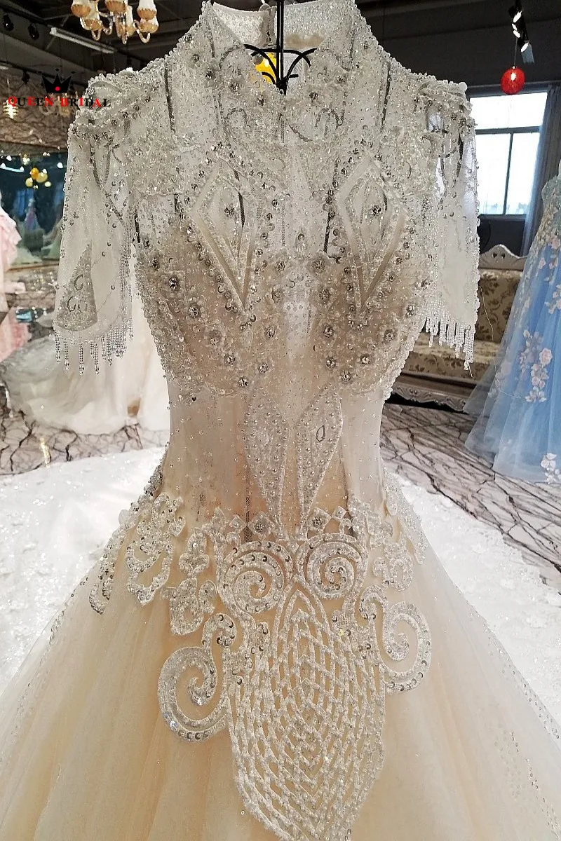 Бальное платье, короткий рукав, кружево, отделанный кристаллами тюль, блестки, vestido de noiva, свадебное платье, королевское свадебное платье WD50