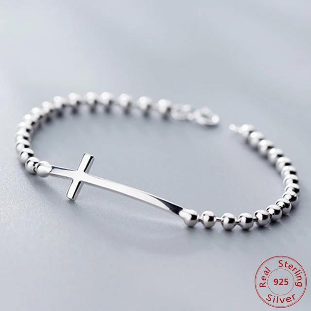Fashion Sideways Charm Bracelet 925 Sterling Silver Faith Christian Cross Bracelet Simple Tiny
