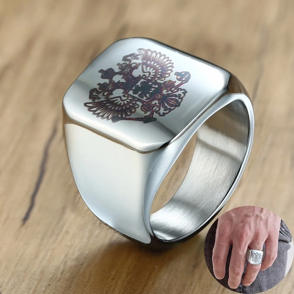 

Men Signet Ring with Laser Engraving Russian National Emblem Stainless Steel Russian Double Headed Eagle Ring in Silver Tone