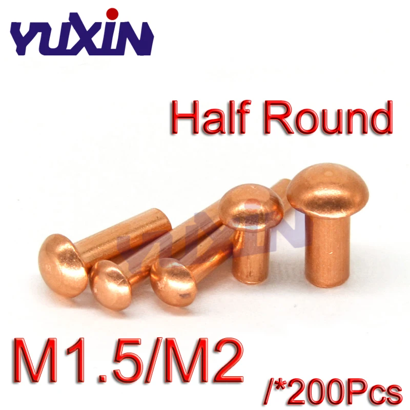 

200Pcs GB867 M1.5/M2*L Copper Rivet Pan Head Solid Rivets Brass Half Round Solid Rivet Cap Nail 3-10mm Length 1.5/2mm Diameter