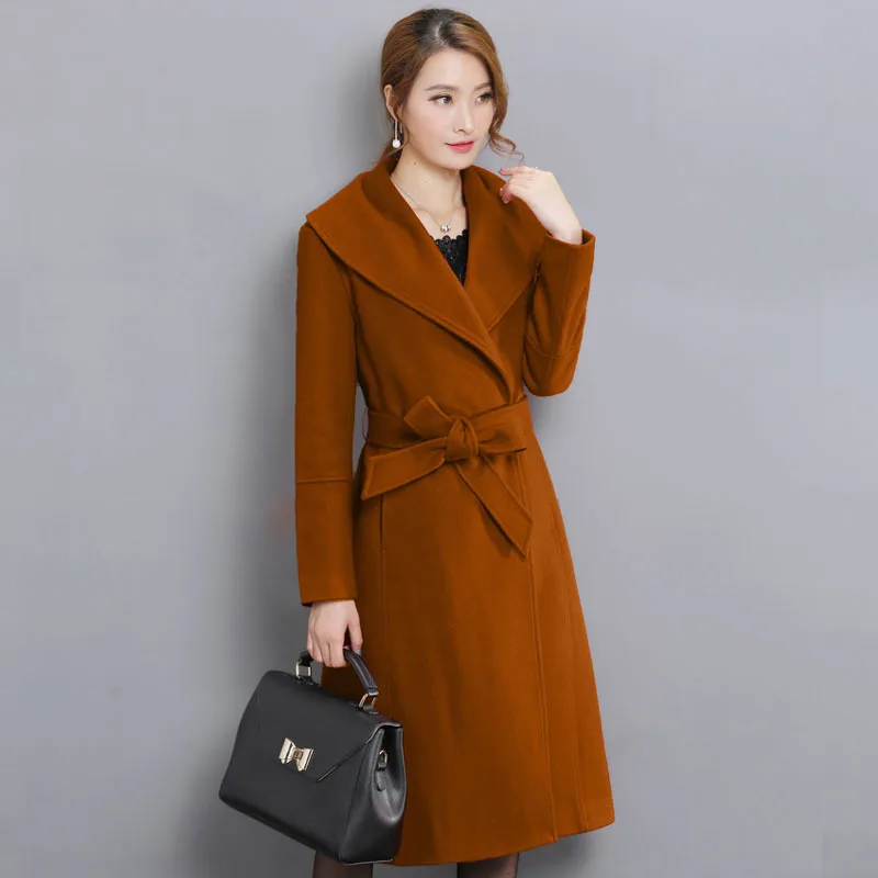 Elegant Solid Long Coat for Women Slim Pockets Wool Coat and Jacket