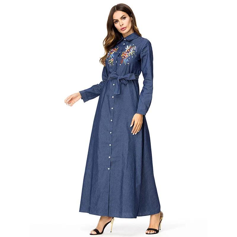 ShejoinSheenjoy Embroidery Denim Women Long Dress Turn-down Collar Long Sleeve Autumn Winter Dress Party Casual Ladies Dresses (2)