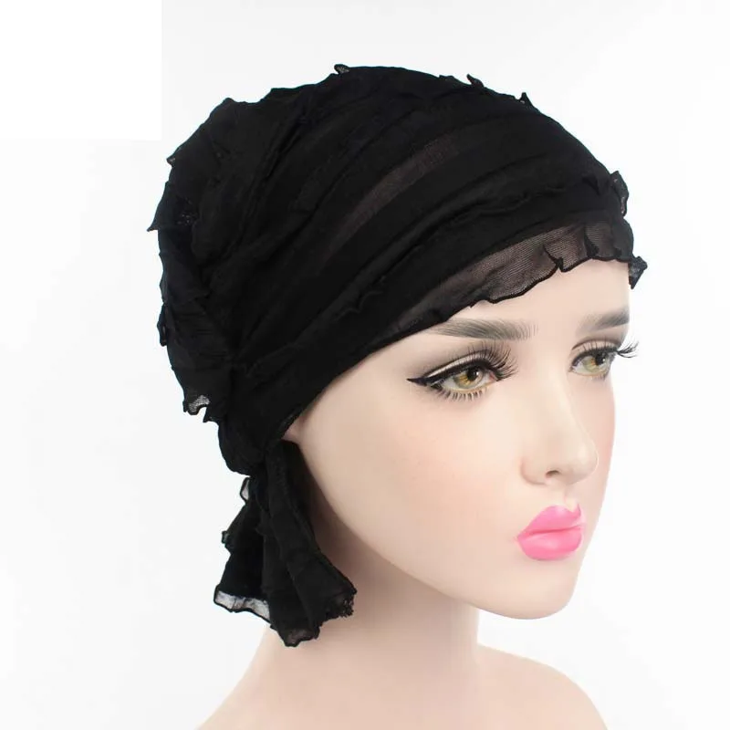 

New Female Simple Cute Turban Cap Wrinkle Muslim Ruffle Chiffon Tripe Scarf Chemotherapy Hat Beanies Headwear for Women F0242