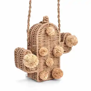 

2019 new high quality beach bag cactus Rattan Bag straw bag summer bags with pom pom women messenger handbag braided