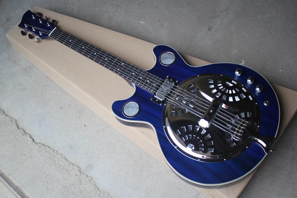 

Factory Custom Dark Blue Electric Guitar with resonant cavity,Metal cover,White Binding body,Chrome Hardware,Can be Customized