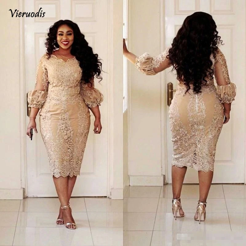 

African Champagne Applique Illusion 3/4 Long Sleeve Evening Gowns Plus Size Mermaid Prom Dress Custom Made