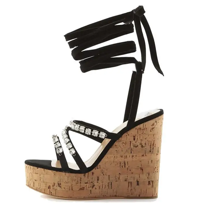 

Sexy Wood Grain Crystal Wedges Sandals Women Cross Straps High Heel Shoes Black Large Size Customzied Shoes Summer Party Sandal